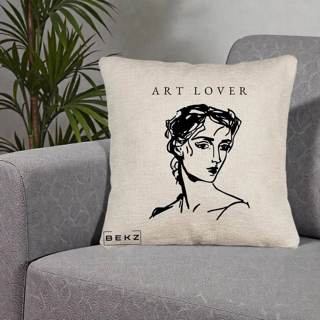Perna Decorativa Art Lover Portret Grafic, 40x40 cm, Bej Canapea, Husa Detasabila, Perna Inclusa, BEKZ®