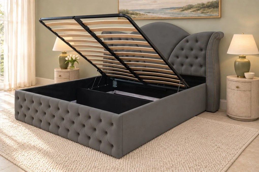 Pat tapițat Chesterfield din catifea Velora 180×200 cm, gri închis, cu ladă de depozitare