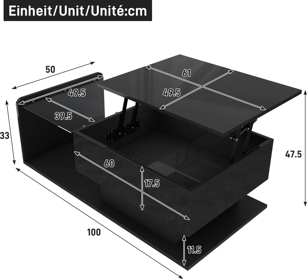 Masă de cafea cu înălțime reglabilă, cu sticlă și bandă LED, 100x50x33/47,5 cm, Negru