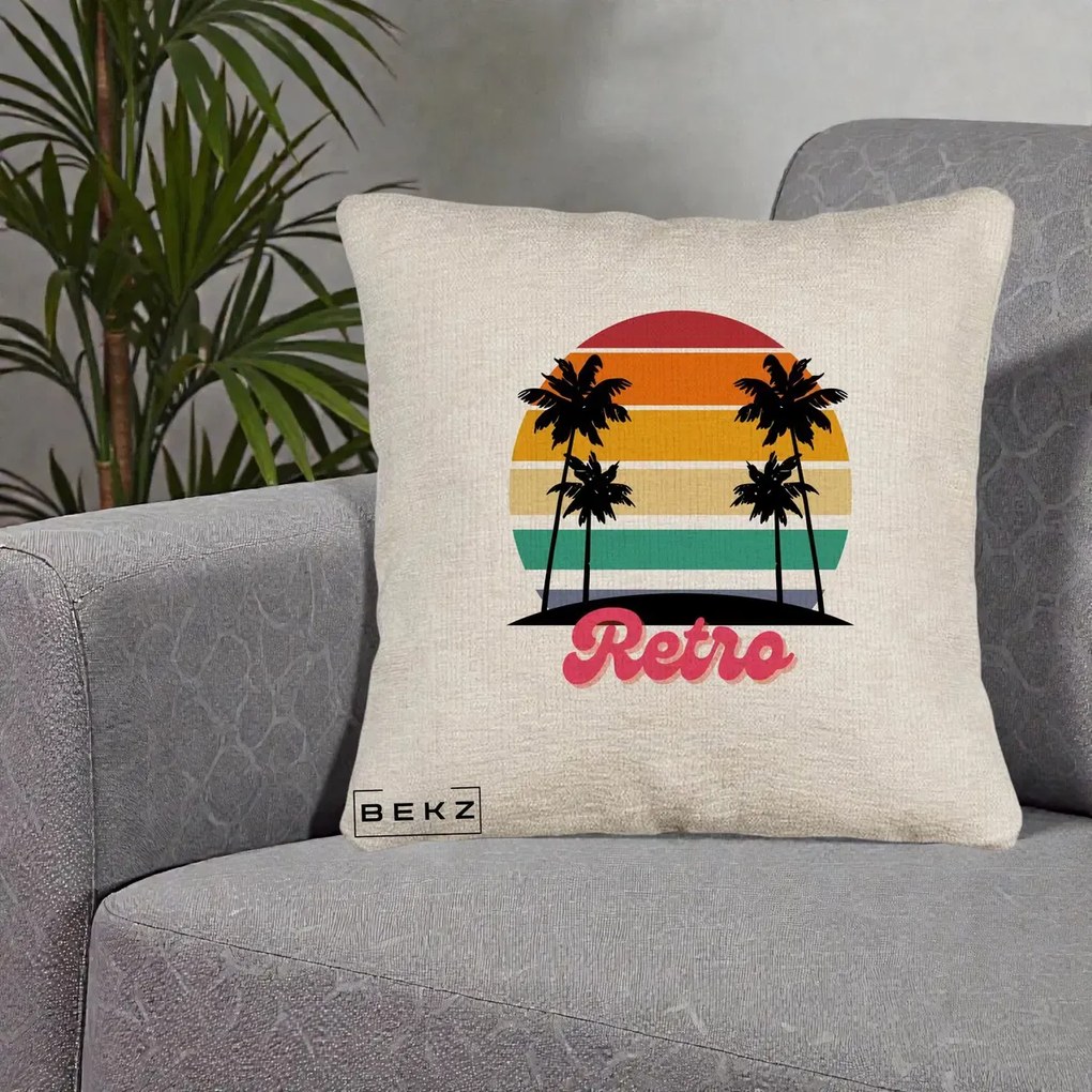 Perna Decorativa Retro Sunset Palmieri, 40x40 cm, Bej Canapea, Husa Detasabila, Perna Inclusa, BEKZ®