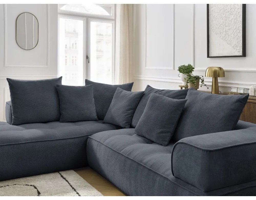 Colțar albastru închis cu tapițerie din chenille (cu colț pe partea stângă/în formă de ”L”) Whesley – Bobochic Paris