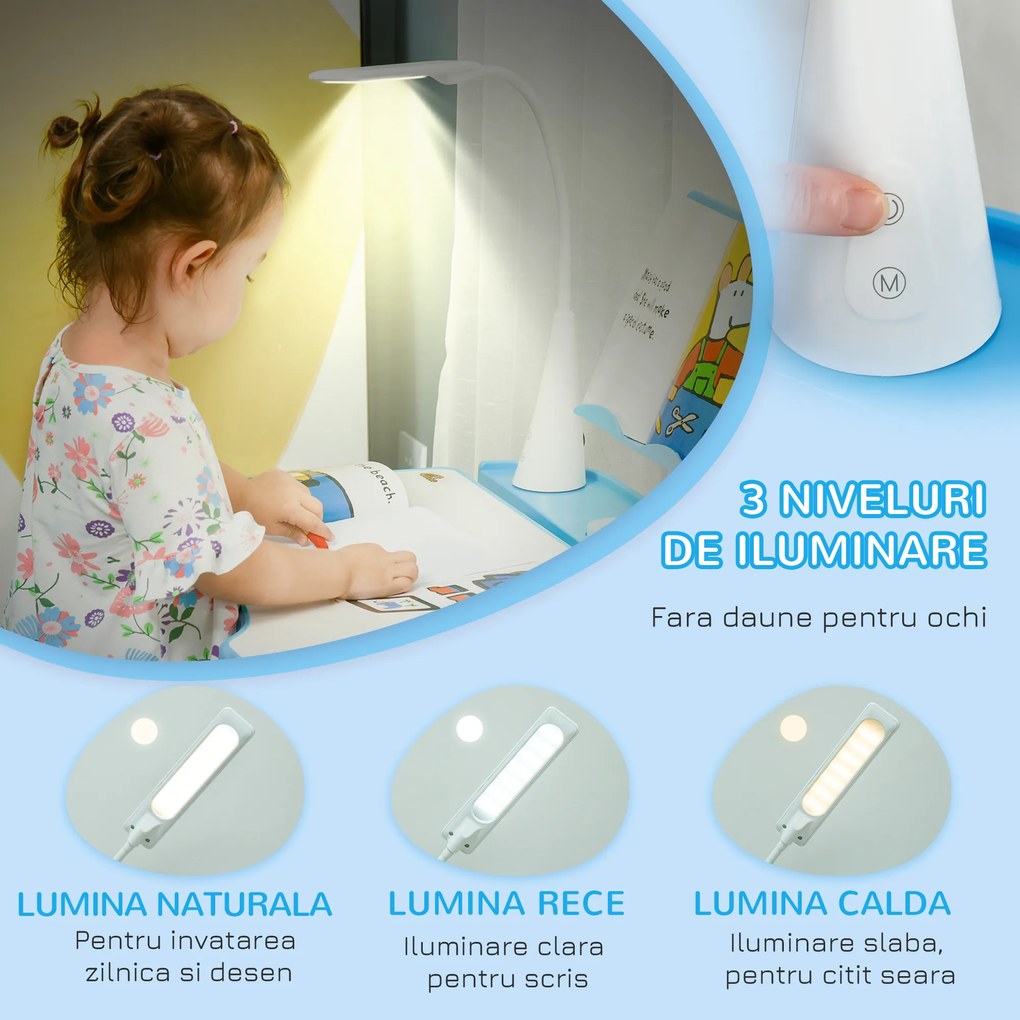 HOMCOM Birou Copii de 6-12 ani cu Lampa, masa cu scaune copii, cu design Ergonomic, Inălțimea Reglabilă, 70x49.5x80-105 cm | Aosom Romania