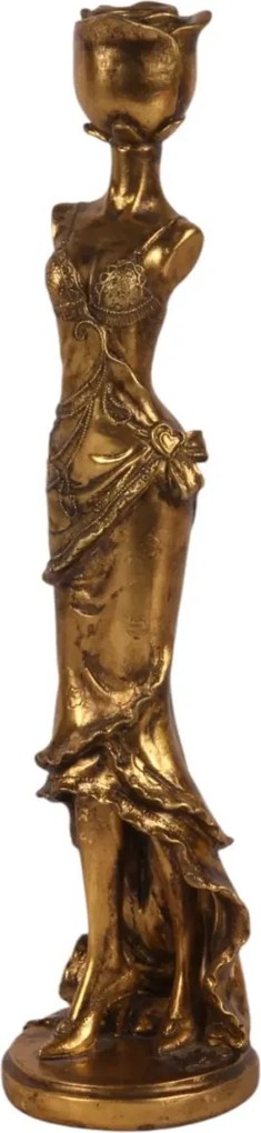 Sfeșnic din polirășină, auriu, siluetă feminină în rochie, cu cupă în formă de trandafir, finisaj antichizat, 40,5 x 10 cm, „Muse”