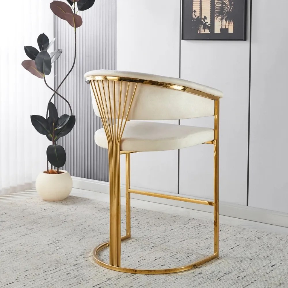 Scaun bar, cadru metalic auriu, catifea, Bej/Auriu