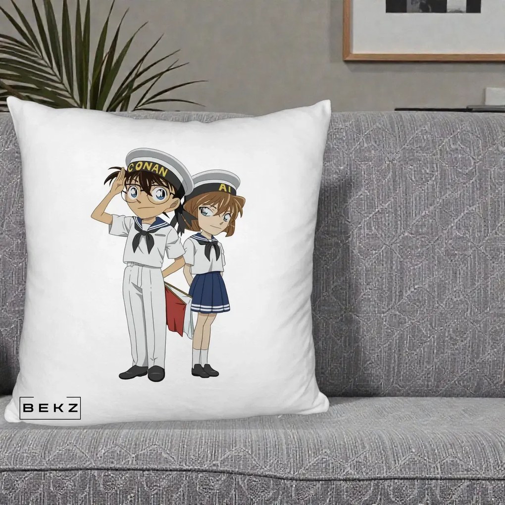 Perna Personalizata Detective Conan Conan si Ai Sailor, 40x40 cm, Alb Pufos, Husa Detasabila, Perna Inclusa, BEKZ®