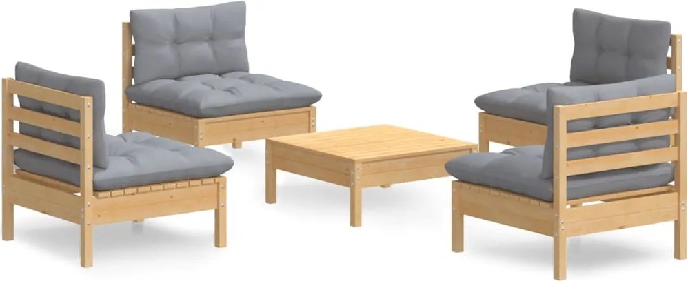 vidaXL Set mobilier grădină cu perne gri, 5 piese, lemn masiv de pin