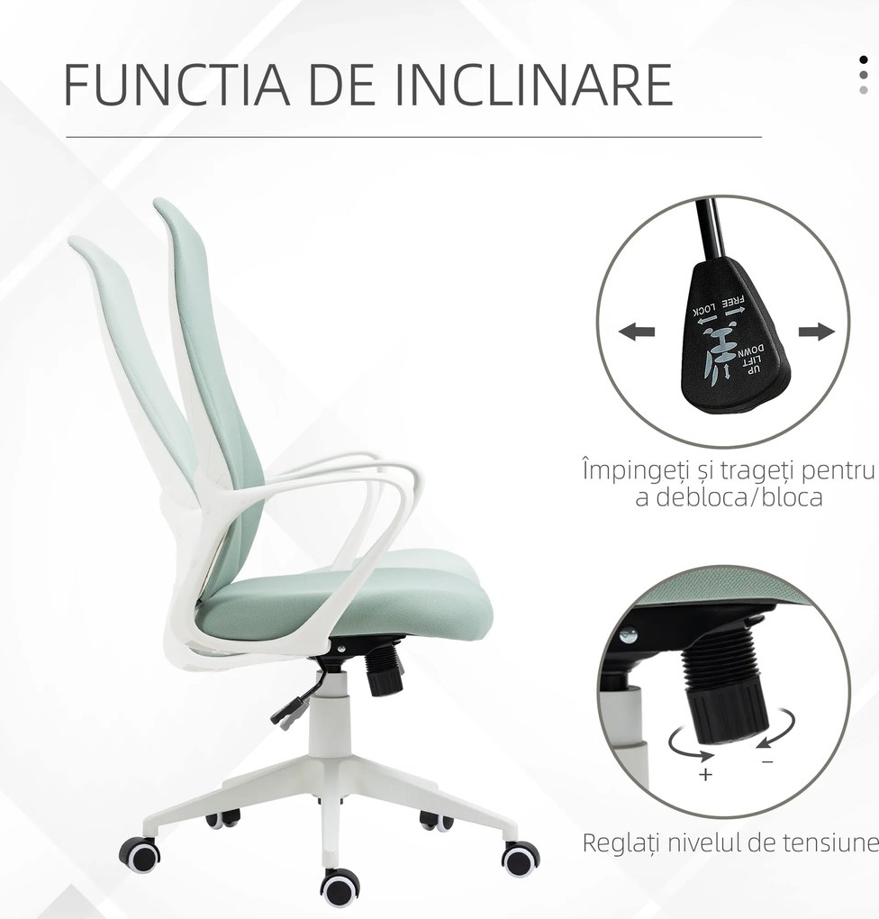 Vinsetto Scaun de birou ergonomic, cu înălțime ajustabilă și balans, 62x56x110-119,5 cm, verde | Aosom Romania