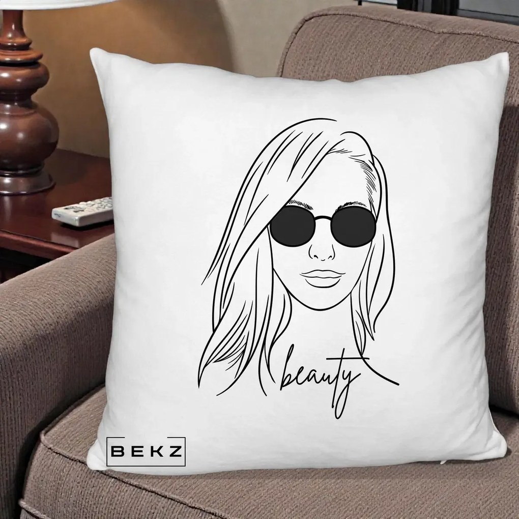 Perna Decorativa Beauty Girl Line Art, 40x40 cm, Alb Pufos, Husa Detasabila, Perna Inclusa, BEKZ®