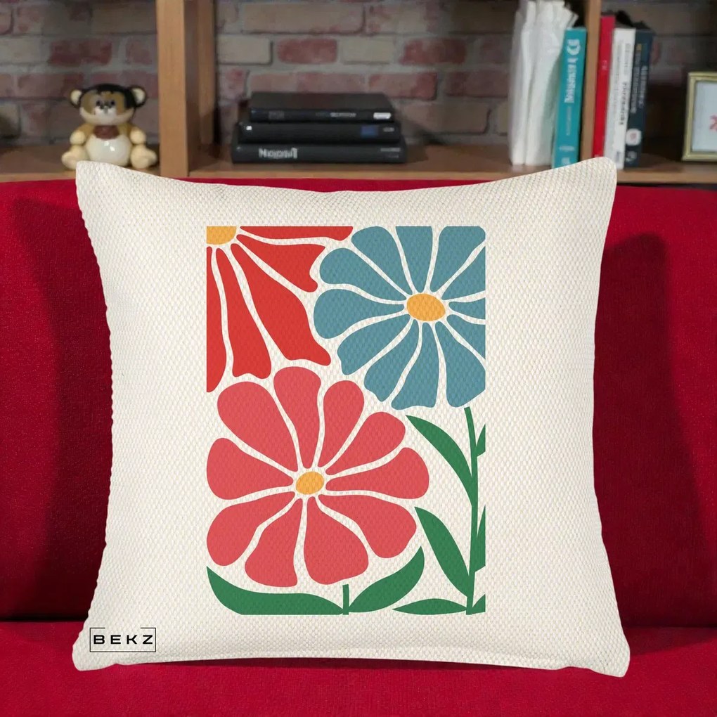 Perna Decorativa Flori Grafice Rosu-Albastru, 40x40 cm, Crem Reliefat, Husa Detasabila, Perna Inclusa, BEKZ®