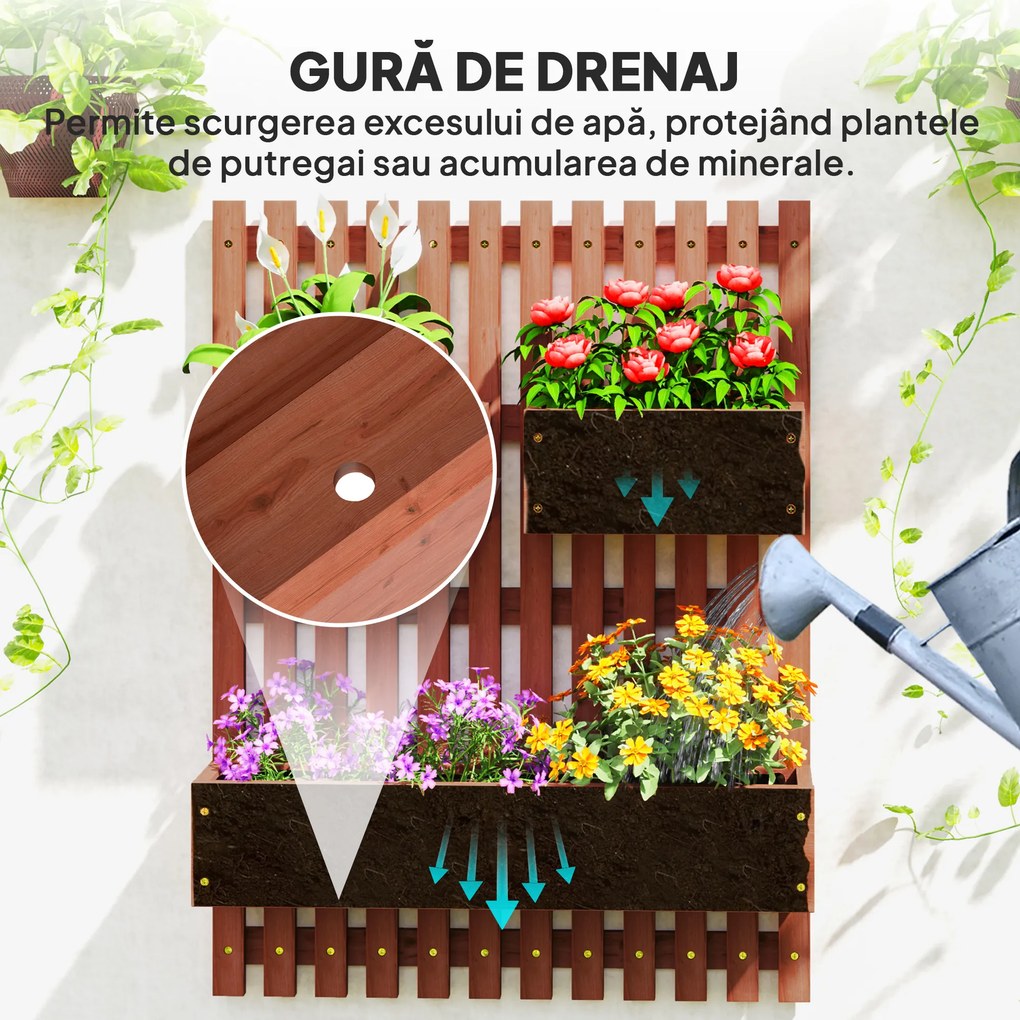 Outsunny Jardinieră Verticală cu Șipci și 3 Vase Detașabile, în Lemn de Brad, 60x16x80 cm, Maro | Aosom Romania