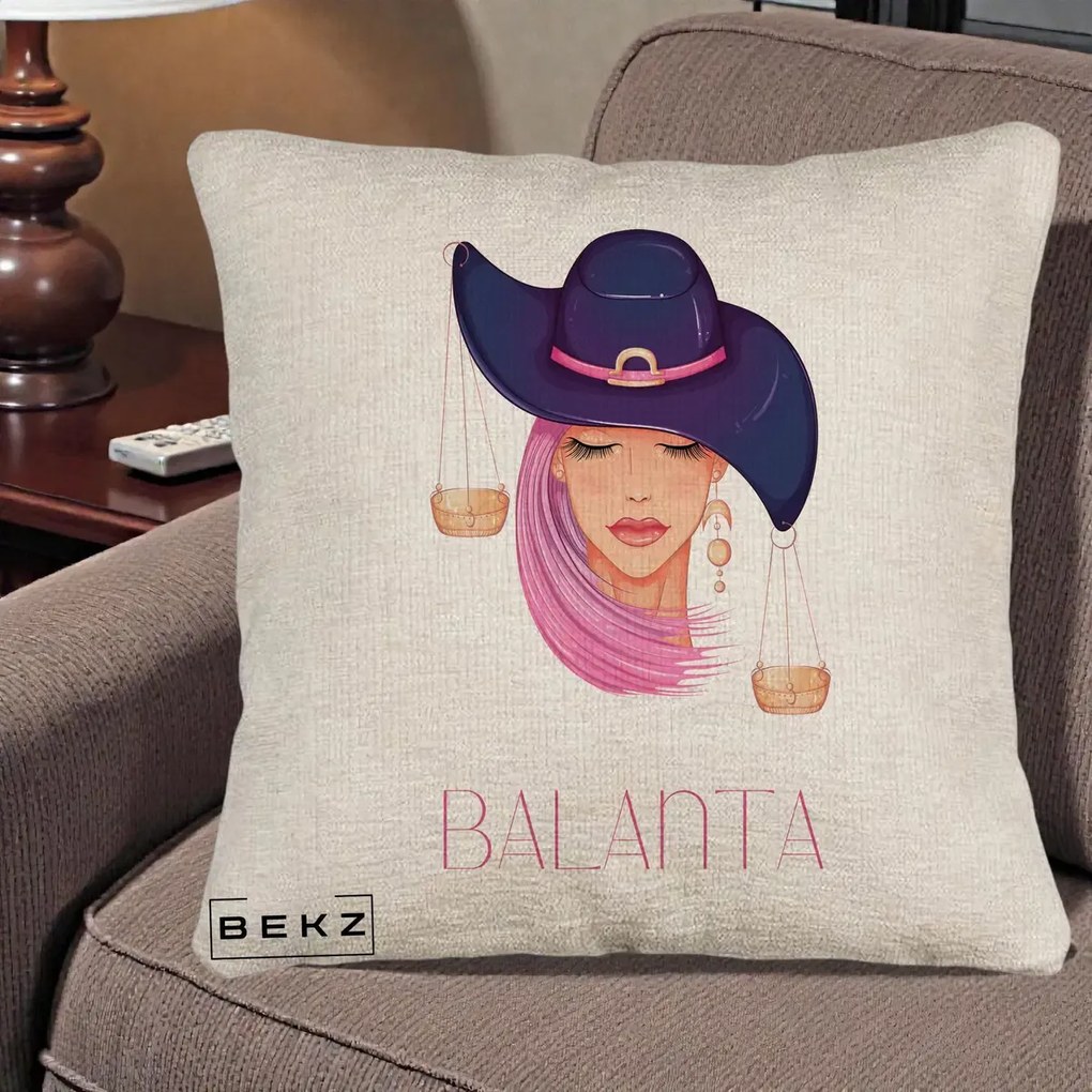 Perna Personalizata Zodiac Balanta Cowgirl, 40x40 cm, Bej Canapea, Husa Detasabila, Perna Inclusa, BEKZ®