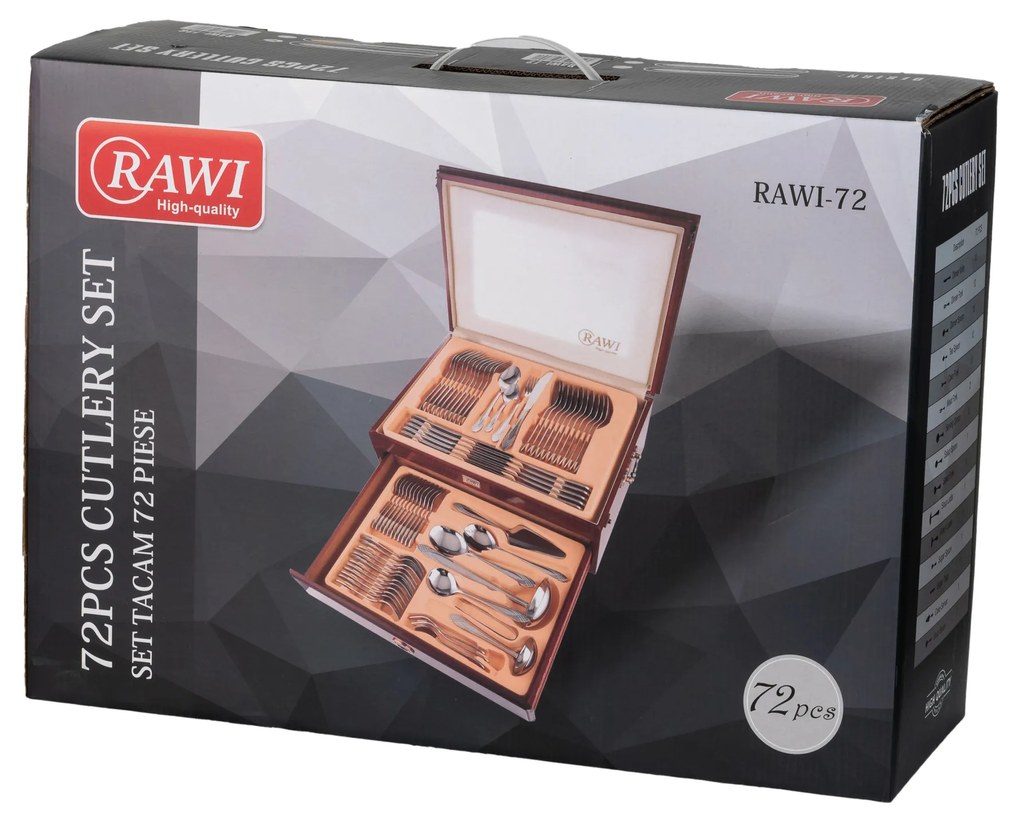 Set tacamuri din inox, cu model,72 piese cu diplomat, RAWI-72C