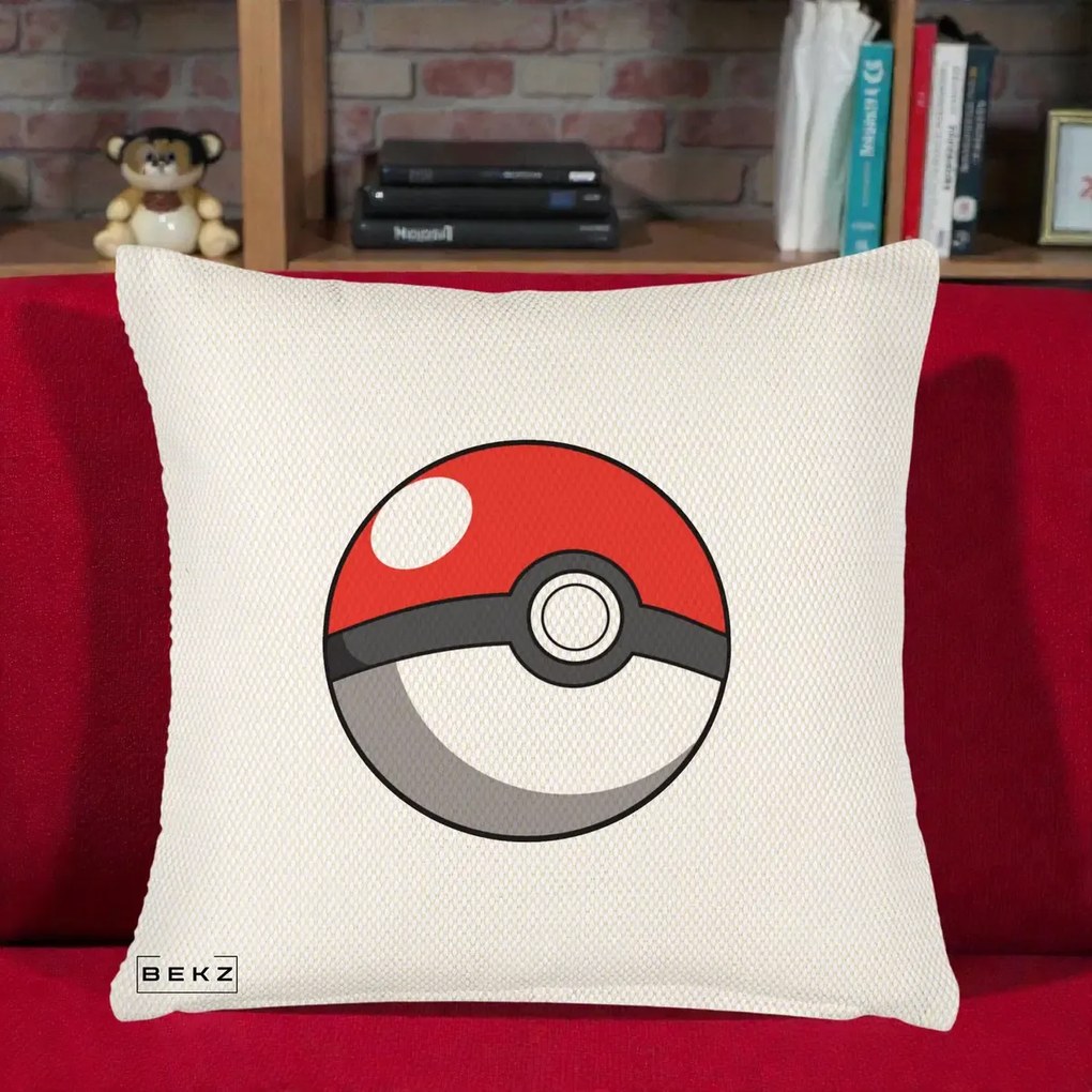 Perna Personalizata Pokeball Rosie, 40x40 cm, Crem Reliefat, Husa Detasabila, Perna Inclusa, BEKZ®