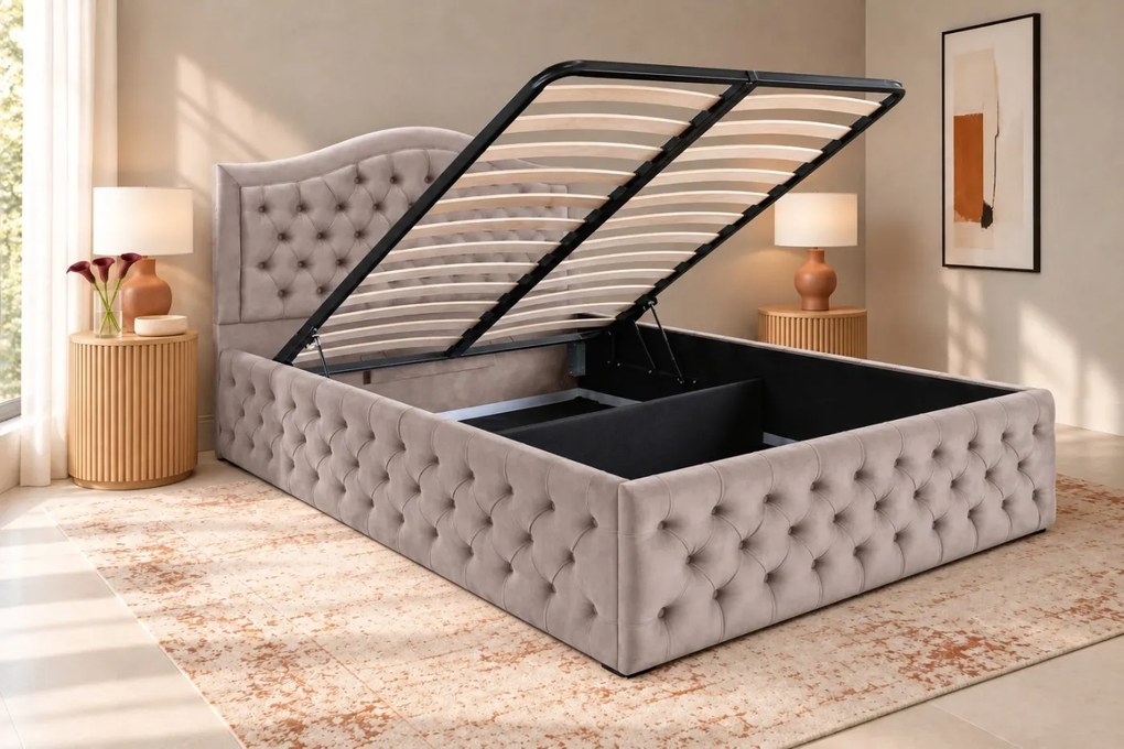 Pat tapițat Chesterfield din catifea Solaria Deluxe 120×200 cm, crem, cu ladă de depozitare