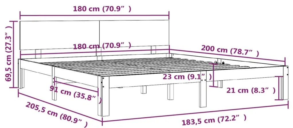 Cadru de pat Super King 6FT, negru, 180x200 cm, lemn masiv Negru, 180 x 200 cm