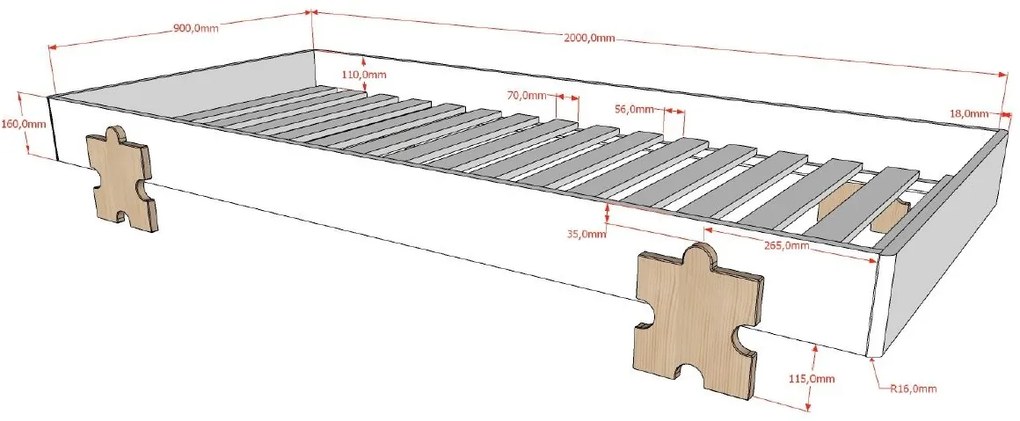 Set MODULO format din 3 Pat copii MODULO (90 x 200 cm) cu picioare Pat copii în formă de piesă de puzzle.