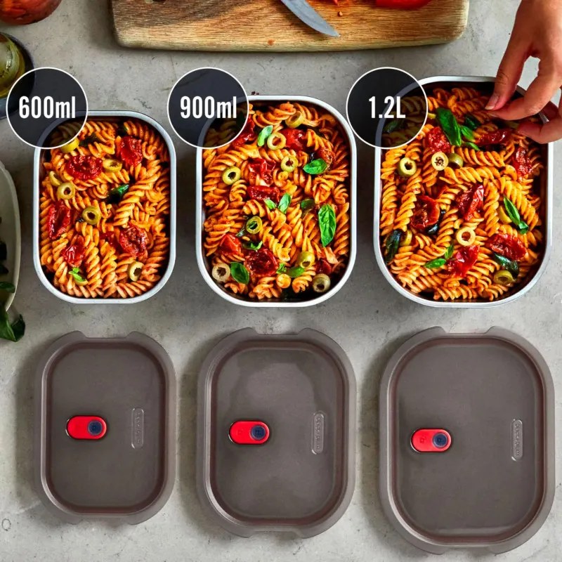 Set 3 cutii alimentare Black+Blum Meal Prep FBSS-BX-PACK1, 0.6/0.9/1.2 l, Dreptunghiular, Rezistent la cuptor, Fara BPA, oțel inoxidabil, gri