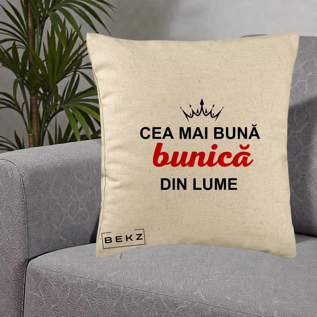 Cadou pentru Bunica - Perna Personalizata Cea Mai Buna Bunica Din Lume Coroana Neagra, 40x40 cm, Bej, Husa Detasabila, Perna Inclusa, BEKZ®