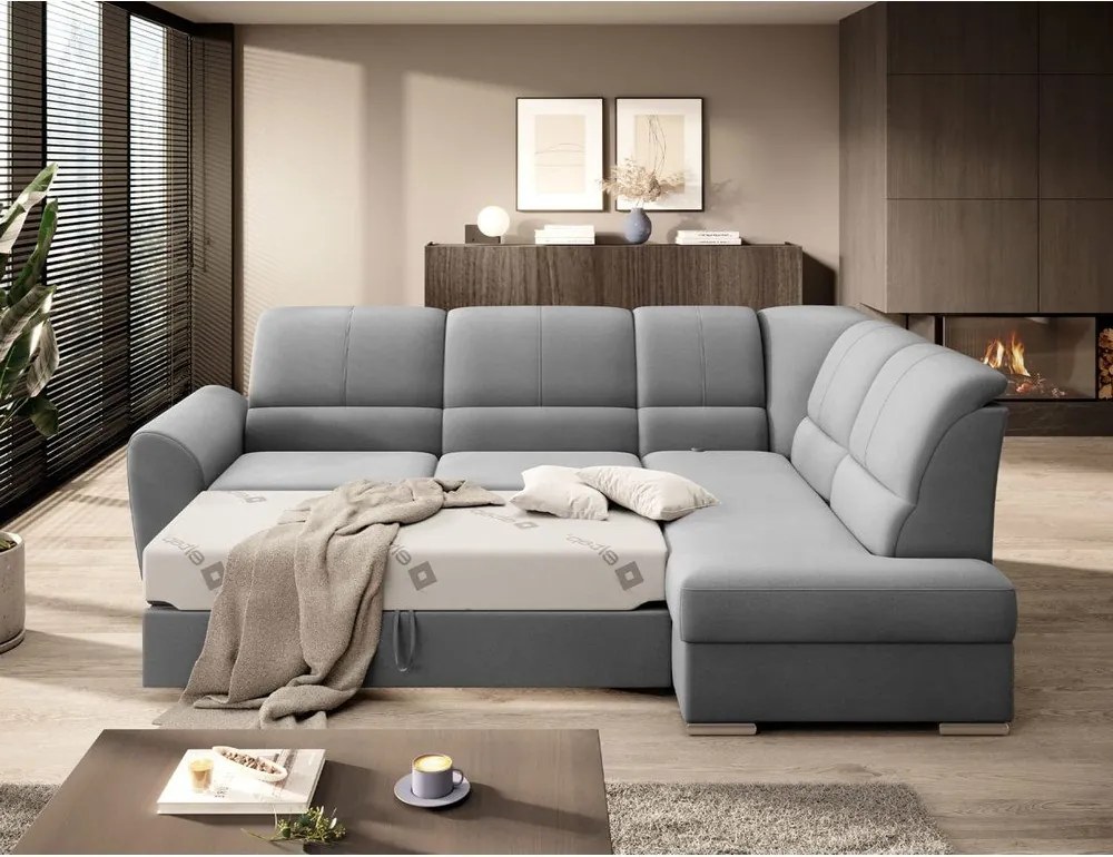 Colțar gri extensibil/cu spațiu de depozitare cu tapițerie din catifea (cu colț pe partea dreaptă/în formă de ”L”) Siber – ELTAP