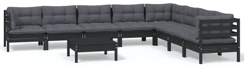 Set mobilier gradina cu perne, 9 piese, negru, lemn masiv pin Negru, 9