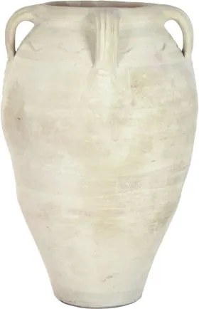 Vas decorativ amforă din teracotă artizanală, finisaj craft alb-crem, cu 4 anse, 57×57×93 cm, „Jerba"