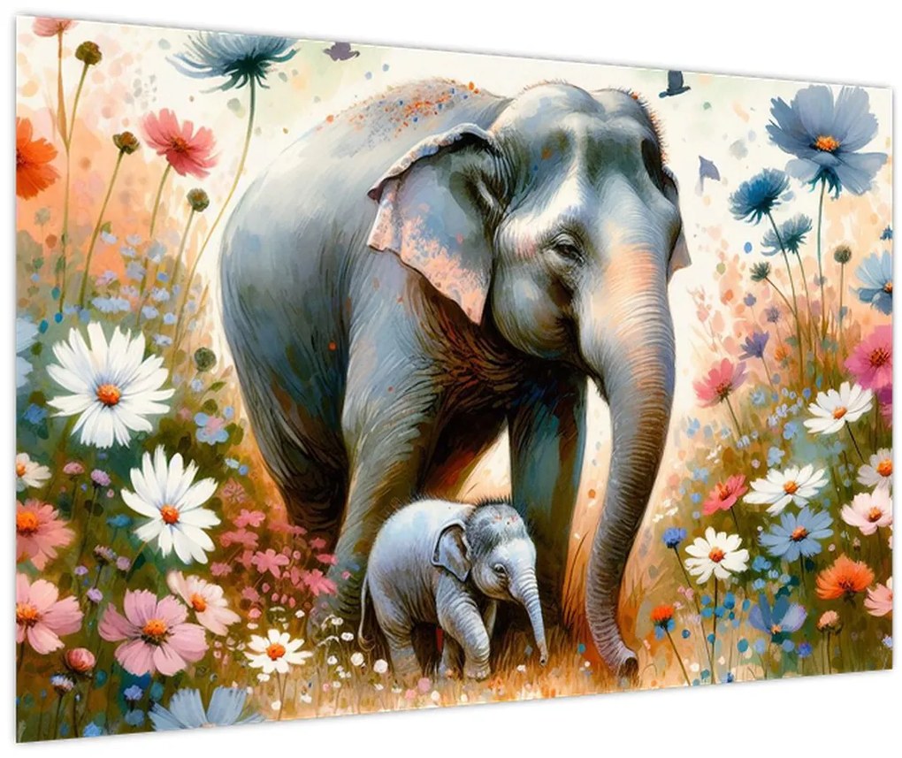 Tablou - Mama elefant, acuarelă (90x60 cm)