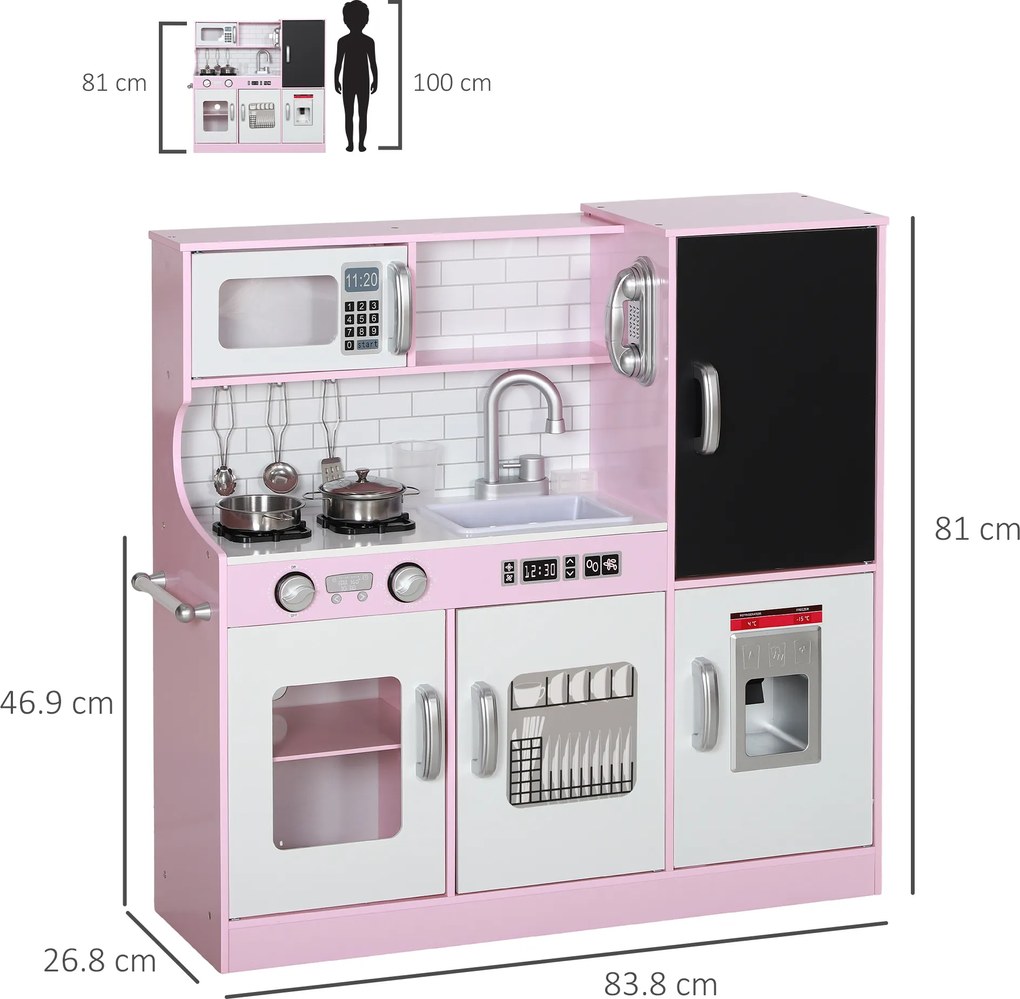 AIYAPLAY Bucătărie de Jucărie din Lemn pentru Copii 3-8 Ani cu Accesorii Roz | Aosom Romania