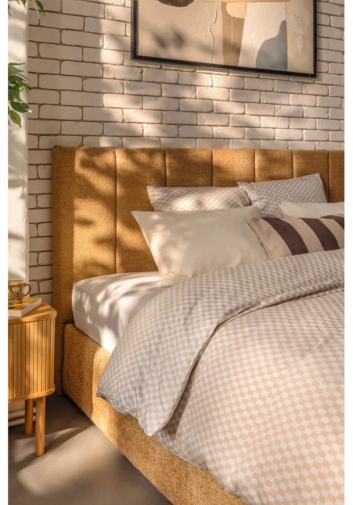 Pat dublu tapițat cu spațiu de depozitare cu saltea și somieră 160x200 cm în culoarea muștar Thessa Bold Line - Bonami Selection