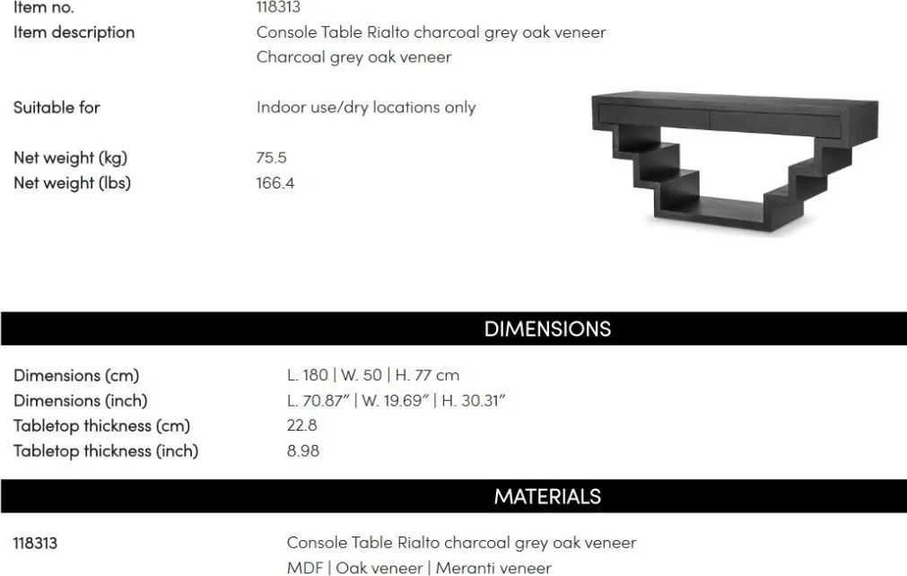 Consola LUX stil avangardist Rialto, gri carbune