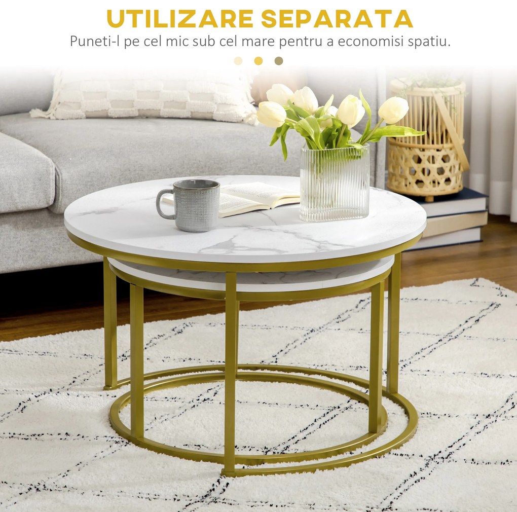 HOMCOM Set de 2 mese rotunde, set de masute de cafea stivuite cu cadru metalic pentru camera de zi, alb | Aosom Romania