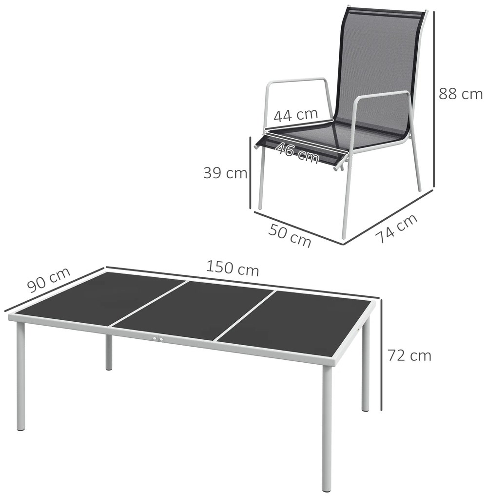 Outsunny Set de Grădină cu Masă Dreptunghiulară din Sticlă și 6 Scaune Stivuibile, 150x90x72 cm, Negru | Aosom Romania