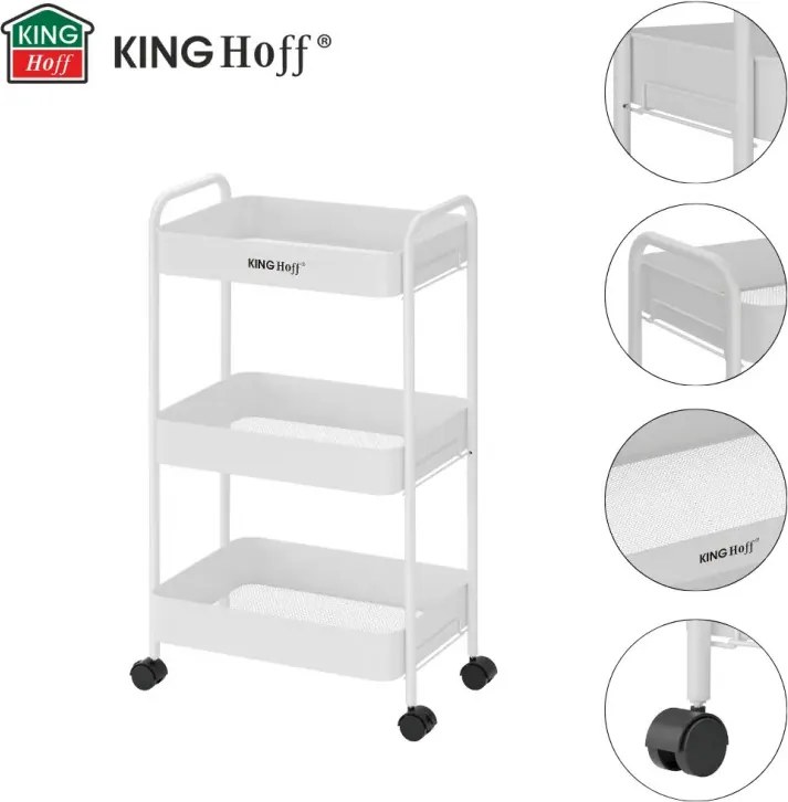 Raft mobil Kinghoff KH 1942, 3 niveluri, 4 roți pivotante 360 grade, alb