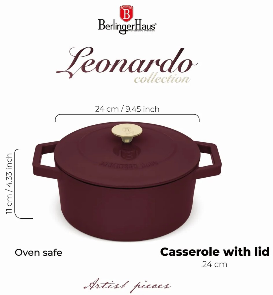 Oala fonta emailata cu capac 4,35L, 24 cm Leonardo Berlinger Haus BH 6542, visiniu