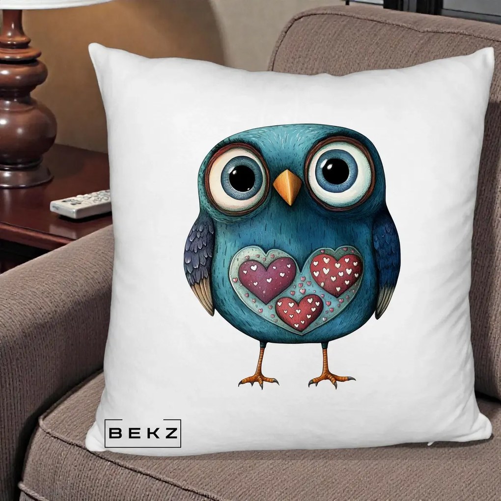 Perna Decorativa Bufnita Teal cu Doua Inimi, 40x40 cm, Alb Pufos, Husa Detasabila, Perna Inclusa, BEKZ®