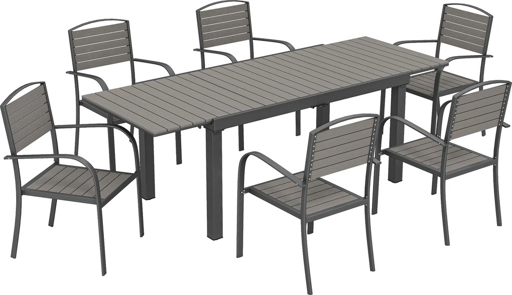 Outsunny Set mobilier grădină 7 piese Masă extensibilă cu 6 scaune Design lamele aspect lemn Cadru aluminiu | Aosom Romania