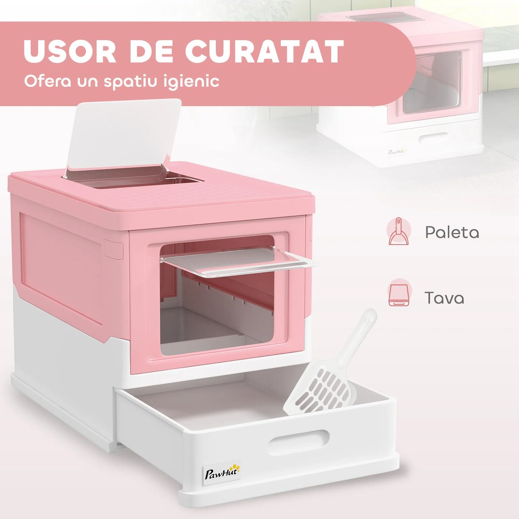 PawHut Litieră Acoperită pentru Pisici cu Lopățică Inclusă, Tavă Detașabilă și 2 Uși, 47,5x35,5x36,7 cm, Roz | Aosom Romania
