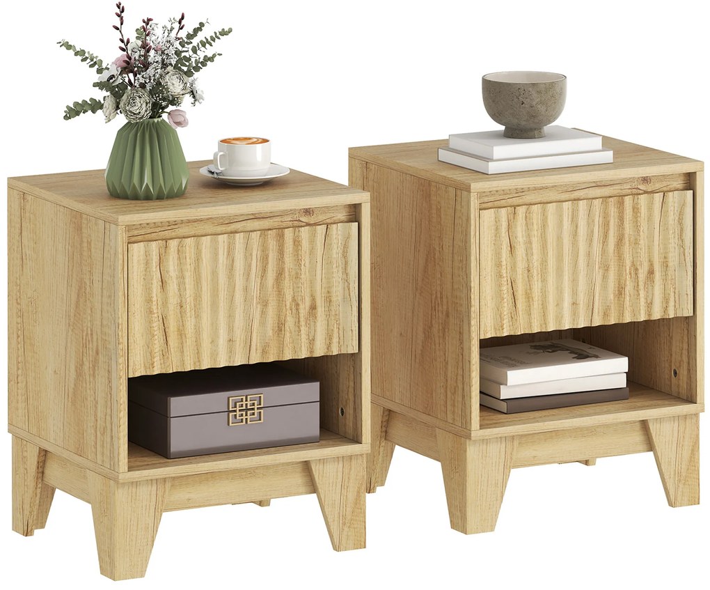 HOMCOM Set de 2 noptiere înguste, măsuță auxiliară compartiment deschis 1 sertar, panouri canelate 43x40x55cm natural | Aosom Romania