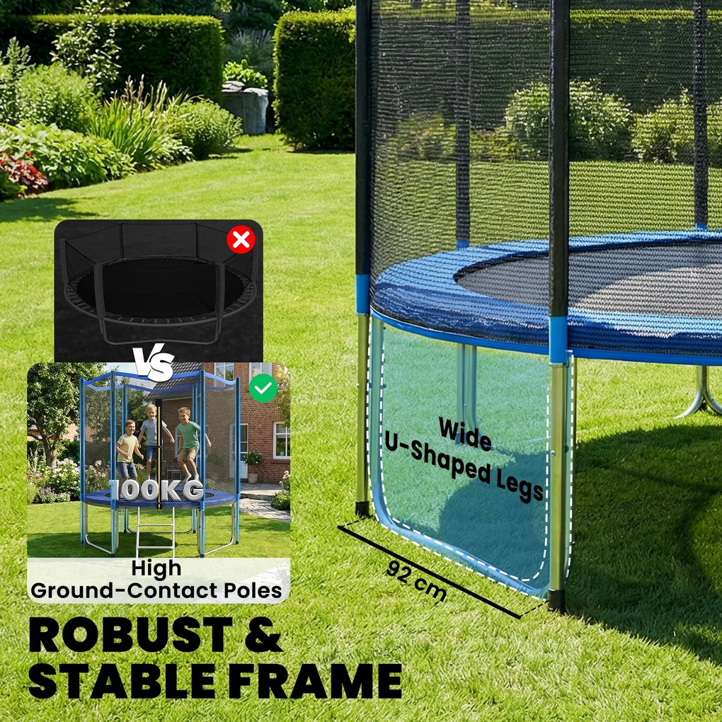 SPORTNOW Trambulină Elastică pentru Adulți Ø244cm, Covor Elastic pentru Adulți cu Plasă de Protecție, Scară cu 2 Trepte, Protecție pentru Arcuri, Structură din Oțel, Capacitate 100kg, Albastru | Aosom Romania