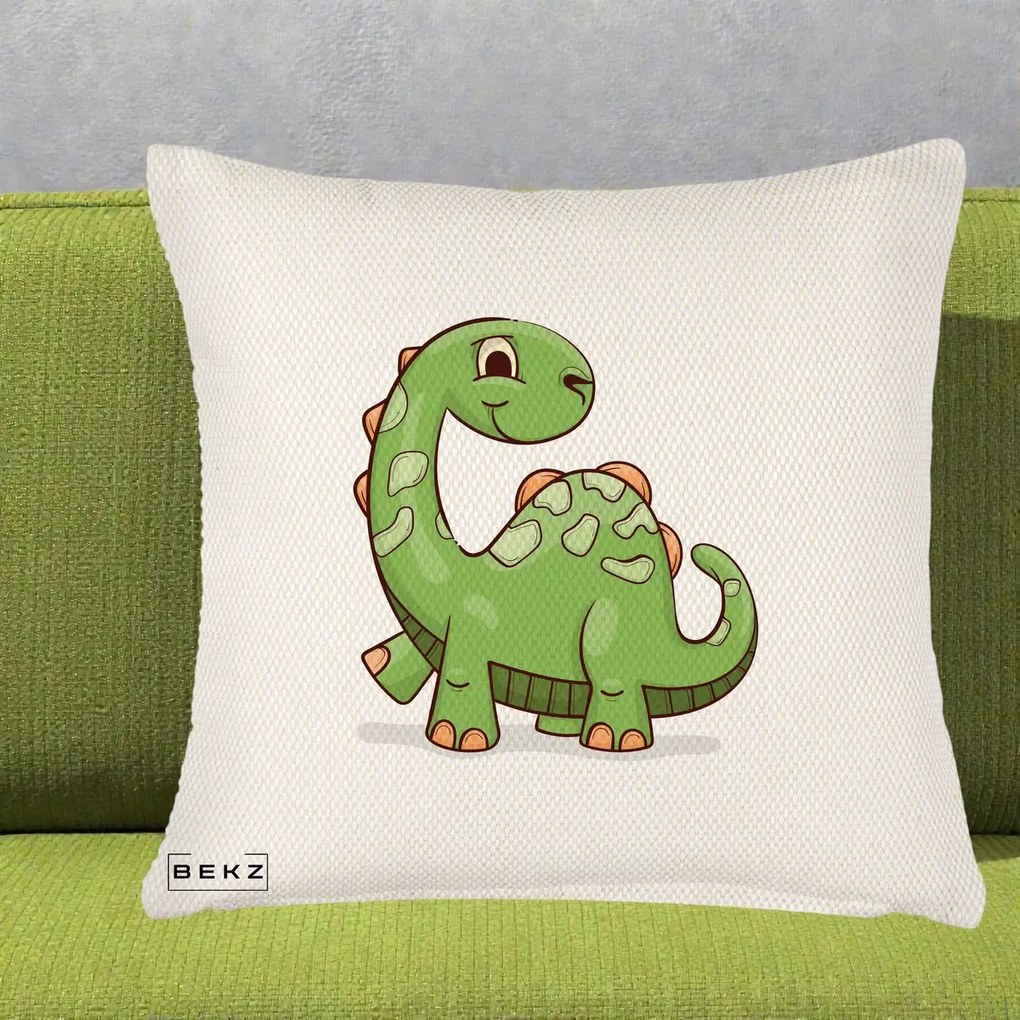 Perna Decorativa Brontosaur Verde Simpatic, 40x40 cm, Crem Reliefat, Husa Detasabila, Perna Inclusa, BEKZ®