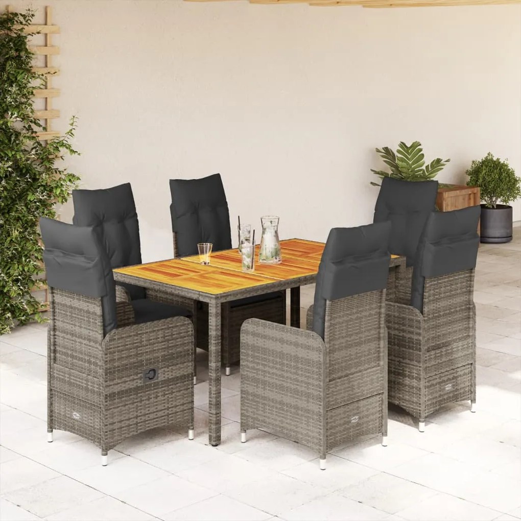 3277023 vidaXL Set bistro de grădină cu perne, 7 piese, gri, poliratan