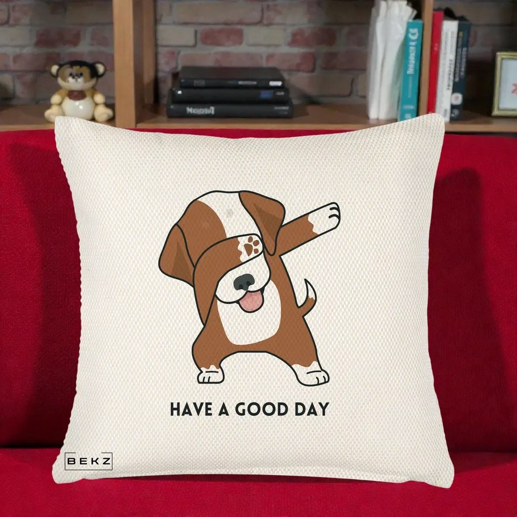 Perna Decorativa Caine Dab Have A Good Day, 40x40 cm, Crem Reliefat, Husa Detasabila, Perna Inclusa, BEKZ®