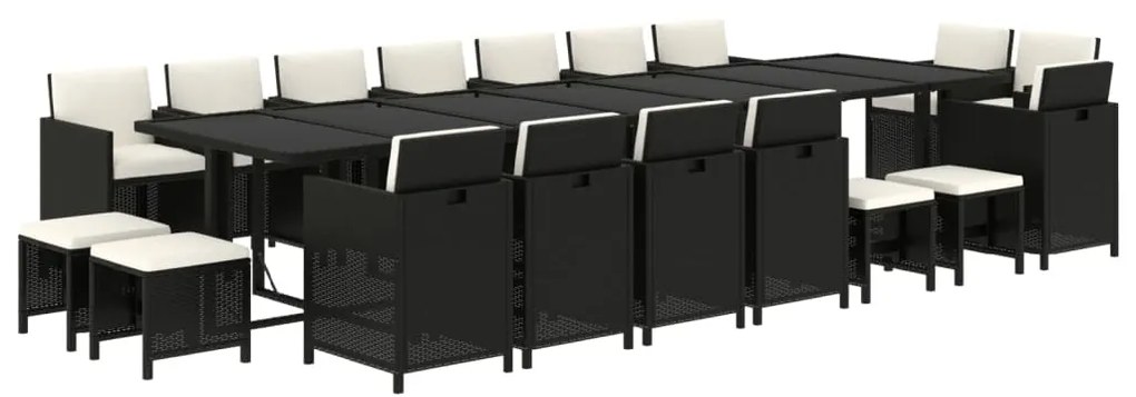 Set mobilier de gradina cu perne, 19 piese, negru, poliratan Negru si alb crem, 4x suport pentru picioare + 14x fotoliu + masa, 1