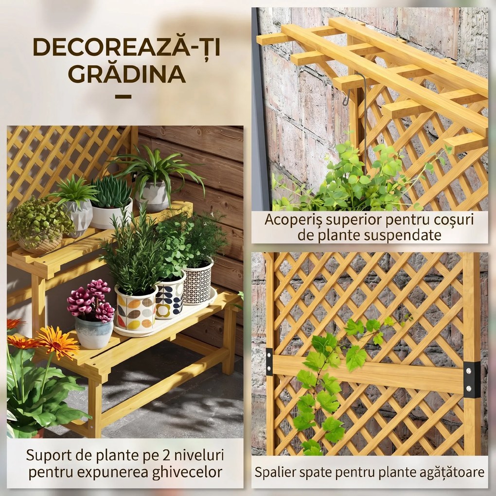 Outsunny Suport pentru plante, raft pentru flori, 2 niveluri, cu spalier și acoperiș, lemn de brad, 75x50x166cm, galben | Aosom Romania