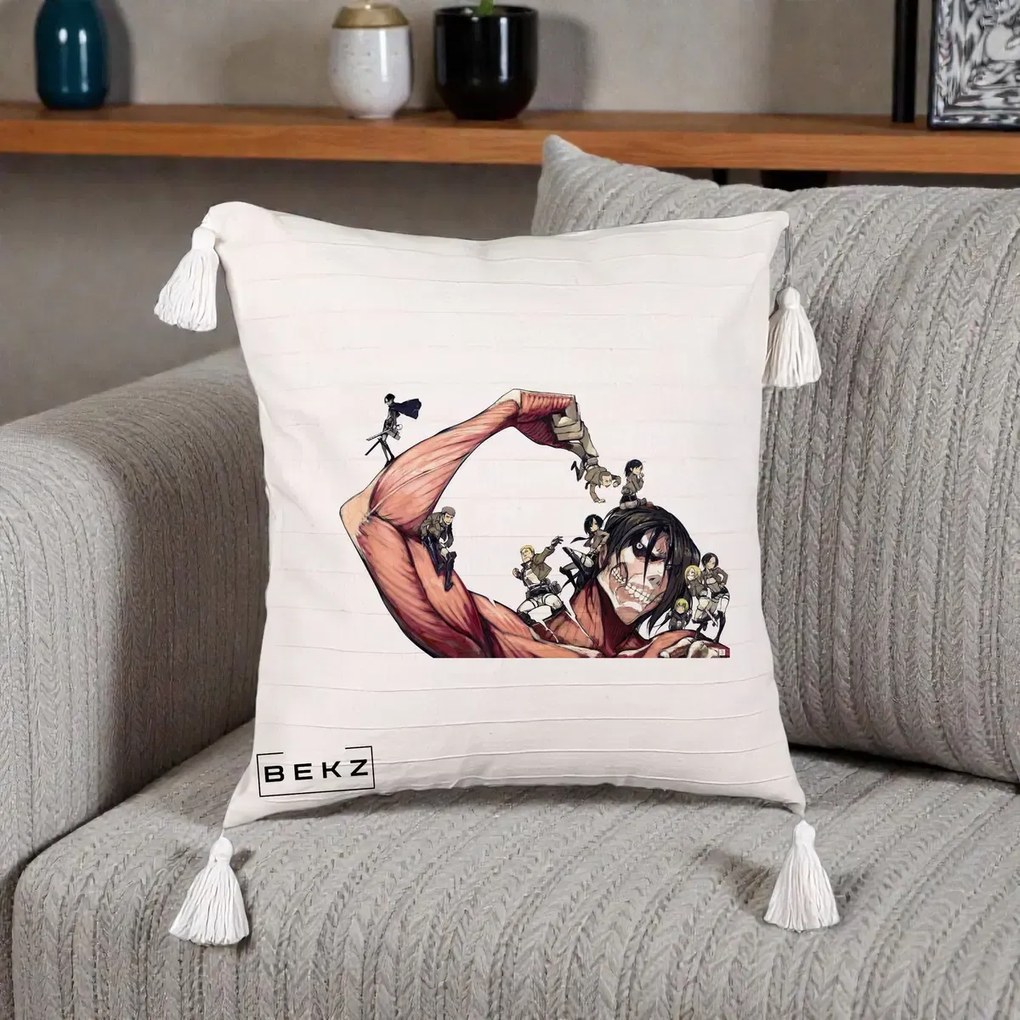 Perna Personalizata Attack on Titan Eren Titan Grup, 40x40 cm, Bej cu Franjuri, Husa Detasabila, Perna Inclusa, BEKZ®