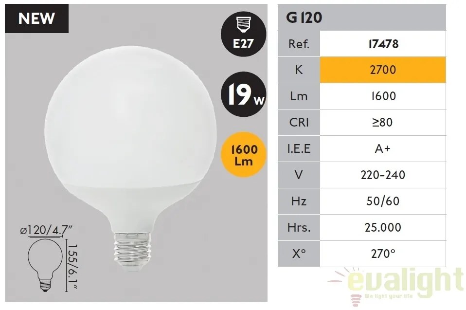 Bec LED E27 G120 19W LED 2700K 17478