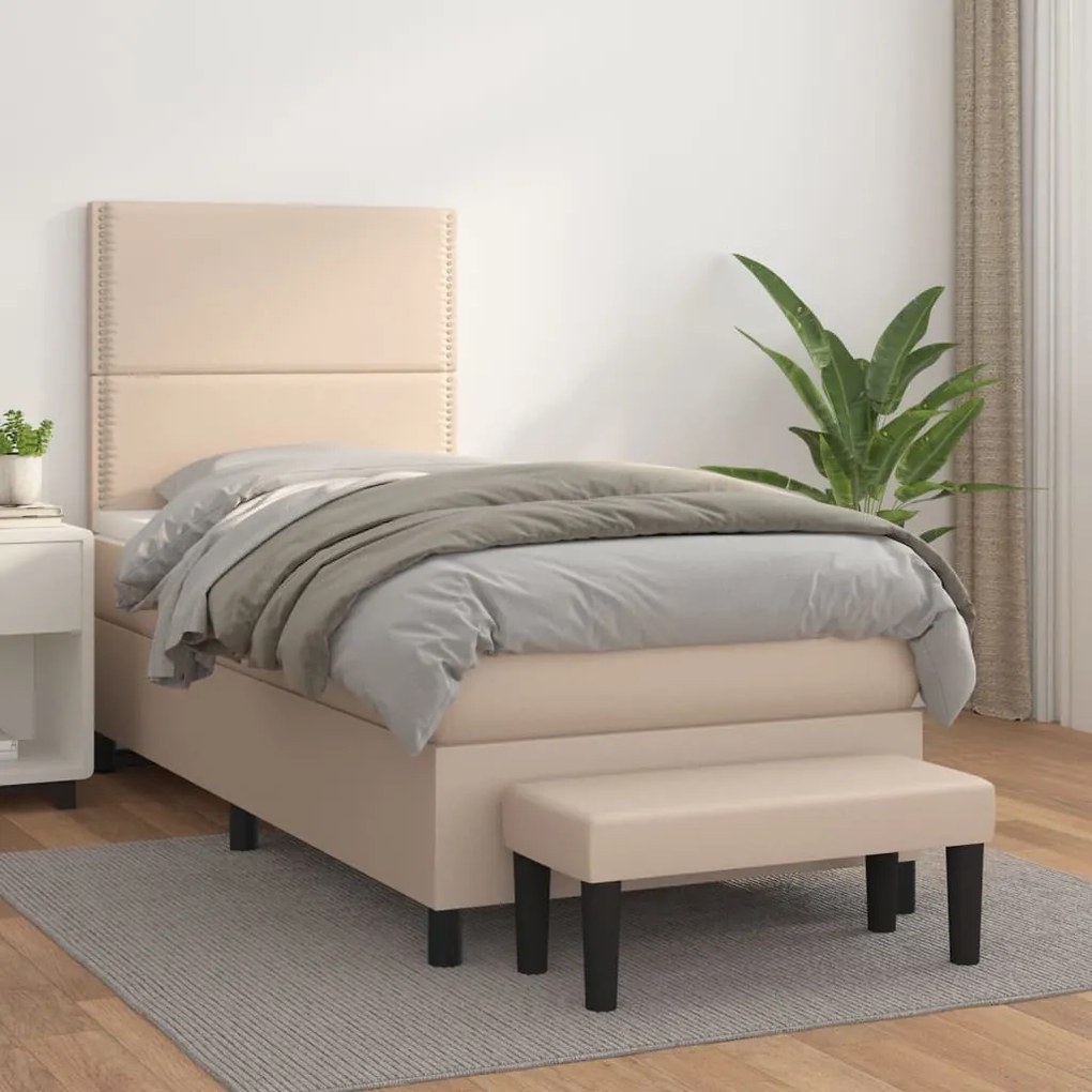 vidaXL Pat box spring cu saltea, cappuccino, 90x200 cm piele ecologică