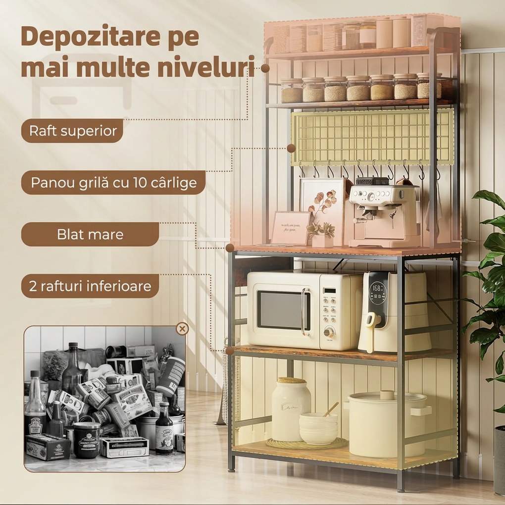 HOMCOM Raft de Bucătărie cu Prize și Rafturi Reglabile, Raft pentru Cuptor cu Microunde cu 5 Niveluri, Panou cu Grilaj și 10 Cârlige, Mobilier Vintage Structură din Oțel, 80x40x170 cm, Maro Rustic | Aosom Romania
