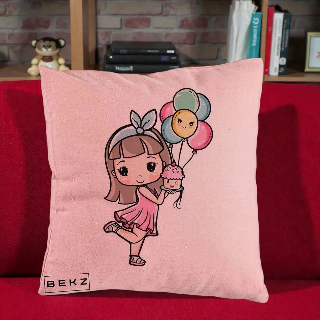 Perna Decorativa Fetita Kawaii cu Baloane si Cupcake, 40x40 cm, Roz, Husa Detasabila, Perna Inclusa, BEKZ®