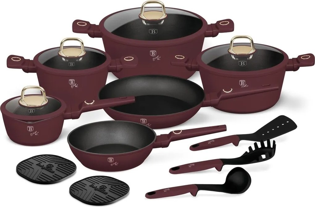 Set de oale si tigai cu capace, 15 piese Leonardo Collection Berlinger Haus BH 8051NN, antiaderente, strat titan, visiniu mat, inductie, design