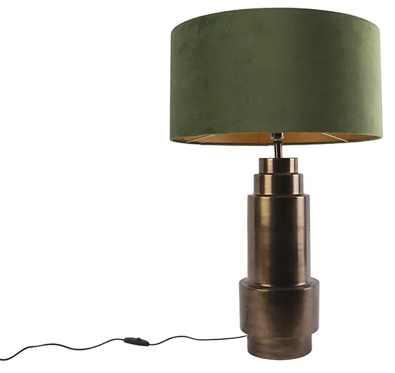 Lampă de masă Art Deco bronz cu abajur din catifea verde cu auriu 50 cm - Bruut
